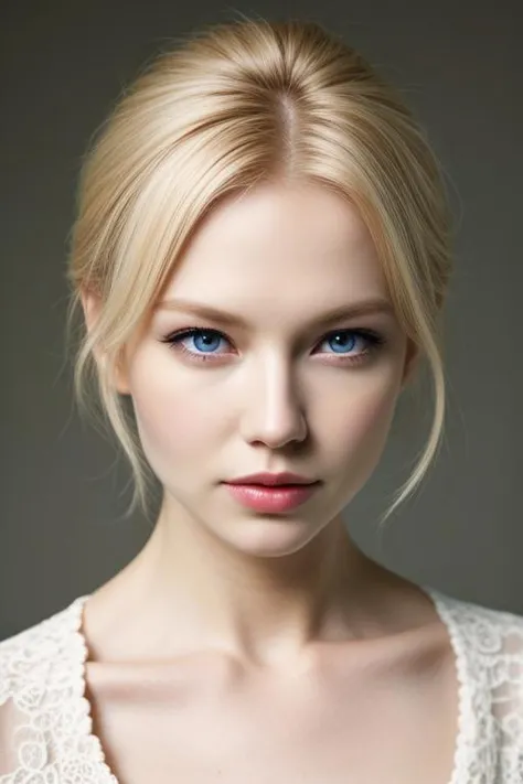 a woman with blonde hair and blue eyes wearing a white dress