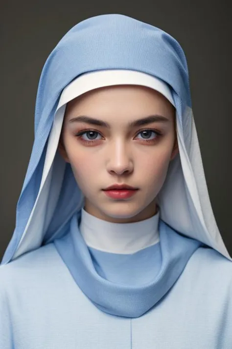 a woman in a blue nun outfit with a white hood