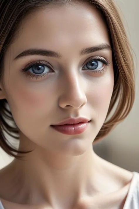 a woman with a white shirt and blue eyes posing for a picture