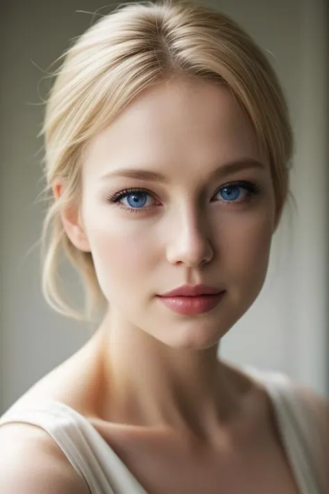 a woman with blue eyes and a white top posing for a picture