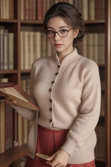 9. Female librarian (ethnicity: East Asian, age: 50s) in an old, grand library (setting: historic, book-filled). She's in a clas...