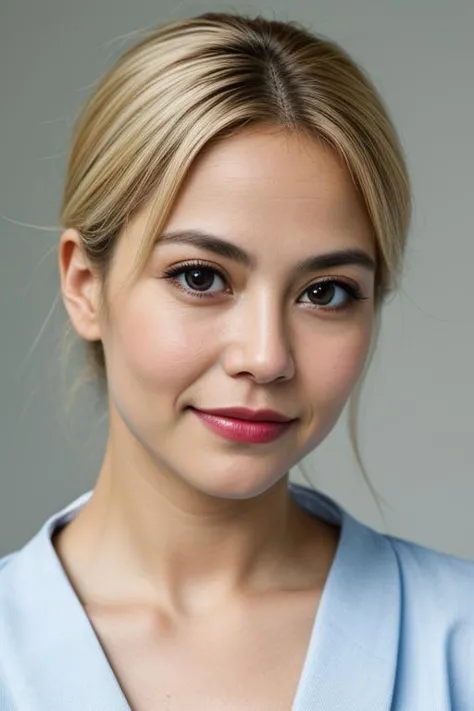 a close up of a woman with a blue shirt and a pink lipstick