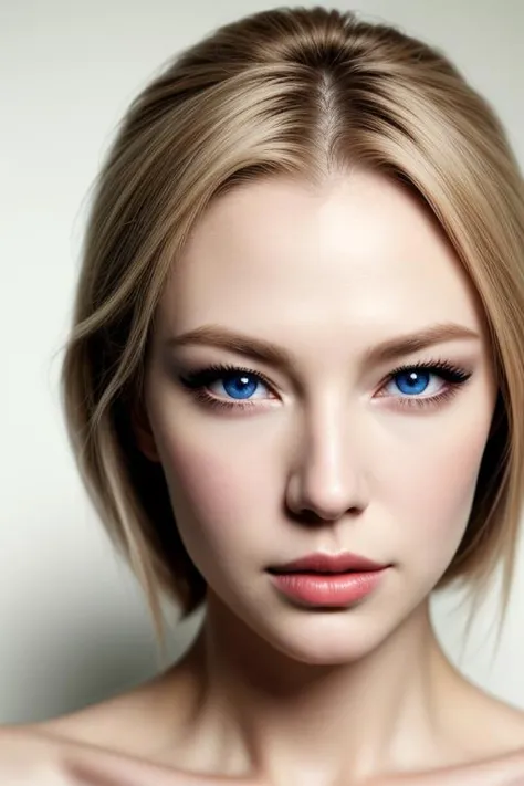 a woman with blue eyes and a short blond hair