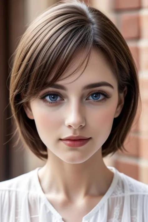 a woman with a short haircut and blue eyes