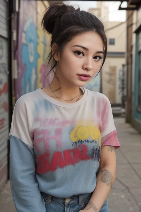 a woman with a tattoo on her arm standing in a alley