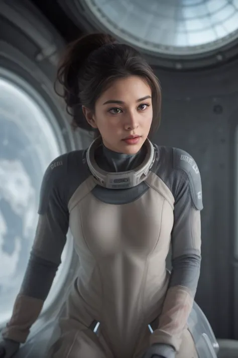 8. A female astronaut (ethnicity: Hispanic, age: late 30s) aboard a space station (setting: futuristic, zero gravity). She's wea...