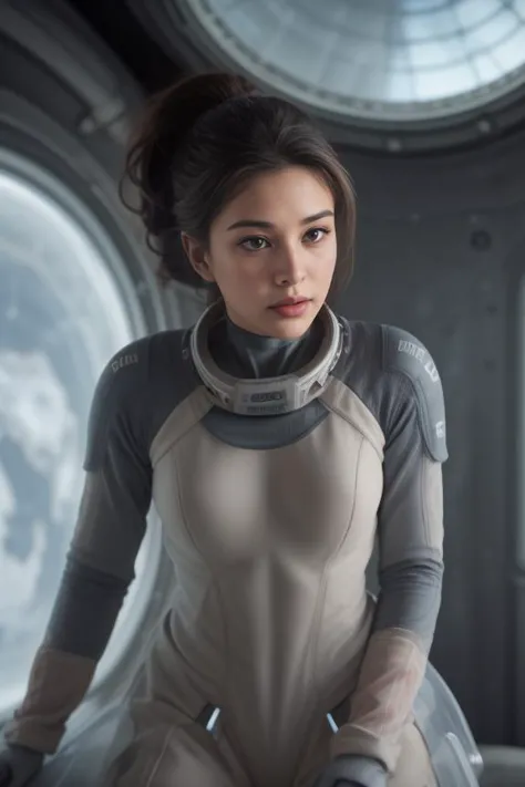 8. A female astronaut (ethnicity: Hispanic, age: late 30s) aboard a space station (setting: futuristic, zero gravity). She's wearing a high-tech space suit (design: sleek, functional) with the insignia of her space agency. Her hair is floating freely in zero gravity, and she has a look of awe and determination, with minimal makeup. She's observing Earth from a large viewport (view: breathtaking), surrounded by advanced space technology and the infinite backdrop of space. <lora:Instaface-10:1>