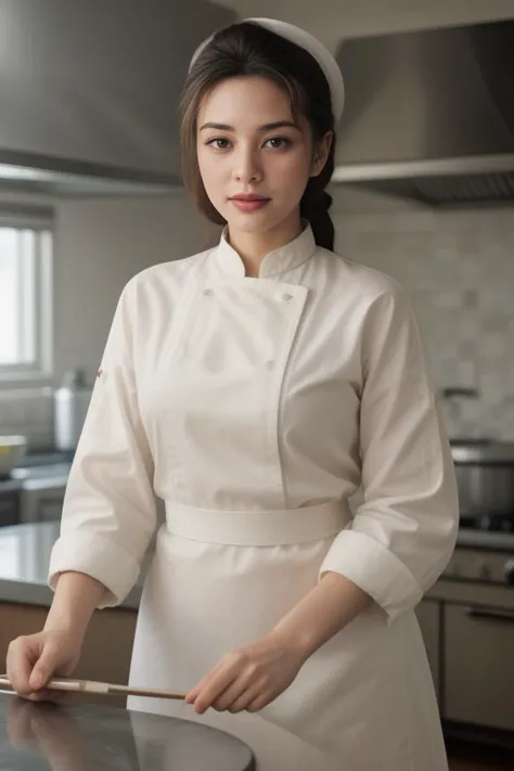 1. A young female chef (ethnicity: Hispanic, age: late 20s) in a bustling gourmet kitchen (setting: contemporary). She's wearing a stylish, tailored white chef's coat (fabric: stain-resistant cotton) with her name elegantly embroidered, paired with black, comfortable culinary pants. Her hair is tied up neatly under a chic chef's hat, and her makeup is minimal yet radiant. She's skillfully plating an exquisite dish (cuisine: fusion), with a focused and creative expression, surrounded by fresh, vibrant ingredients and state-of-the-art kitchen equipment. <lora:Instaface-10:1>