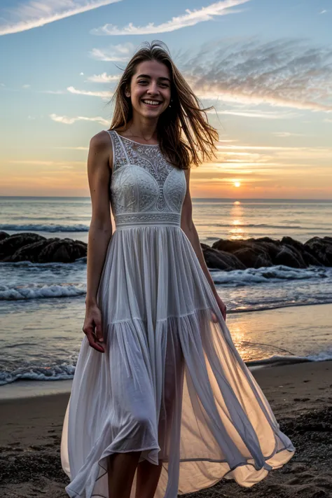 a woman in a white dress standing on a beach at sunset