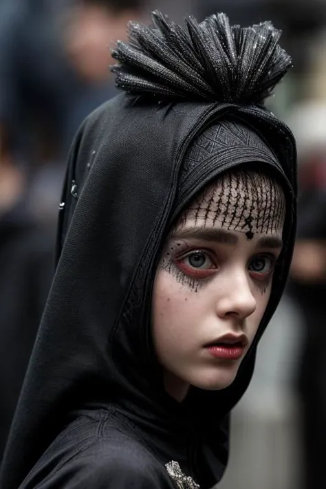 a close up of a child with a hood on and a face tattoo