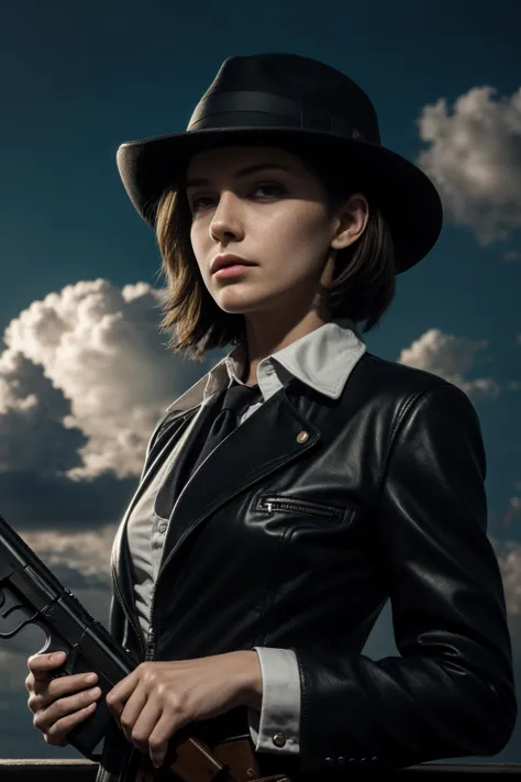 Mujer con pistola en mano y sombrero con nube en segundo plano., vaquero bebop, detective negro y un fedora
tema oscuro
piel detallada, mancha de la piel
