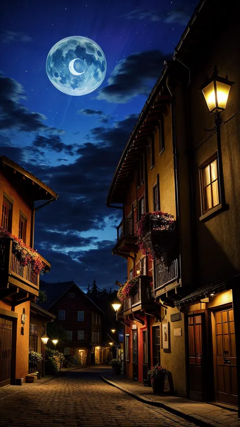 a street with a full moon and a street light