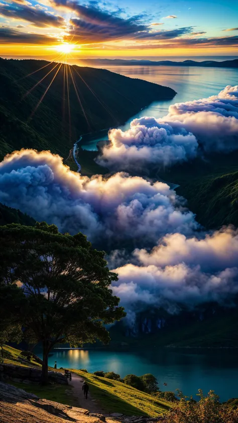 a view of a lake surrounded by clouds and trees