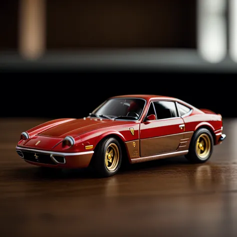 a close up of a toy ferrari car on a wooden table