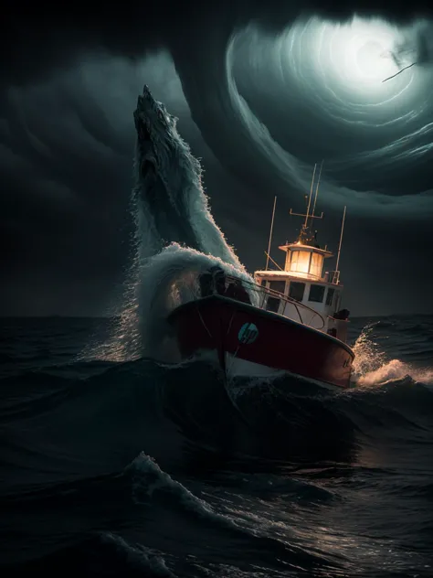 (HP Lovecraft Monster attacks trawling boat), fierce storm raging, chaotic waves crashing, dim lantern light flickering, creatin...