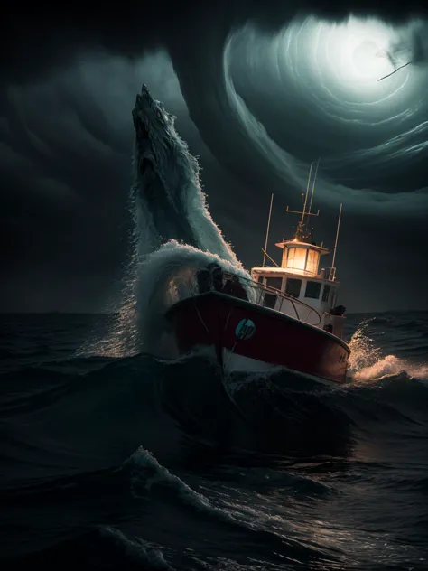 (HP Lovecraft Monster ataca a un barco de arrastre), tormenta feroz que arrasa, olas caóticas rompiendo, luz tenue de la linterna parpadeando, creando sombras espeluznantes, dispersión subsuperficial (cara hermosa perfecta)