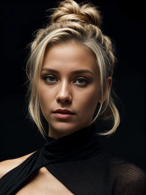 a close up of a woman with a black top and a black shirt