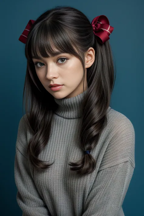 a close up of a woman with a bow in her hair