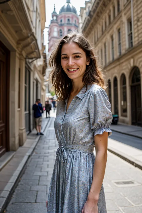 obra maestra, 1 chica, sonrisa, detallado, mediodía, vestido,
