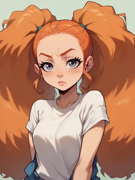 score_9, score_8_up, score_7_up, score_6_up,  <lora:b00nd0cksXLP:1> b00nd0cks, 1girl, twintails, curvy, ginger hair, grey eyes, freckles,