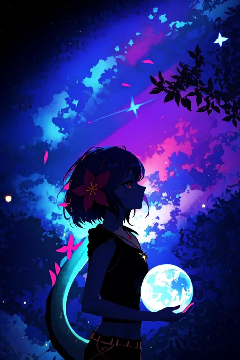 best quality, intricate details,
1girl, <lora:neekoLeagueOfLegends_v1:0.8> neeko, facial marks, hair ornaments, hair flower, necklace, brown shorts, crop top, lizard tail, 
nebula background, space, stars, planets, darkness,
 <lora:lightAndSilhouette_v10:0.8> silhouette, light particles, ,