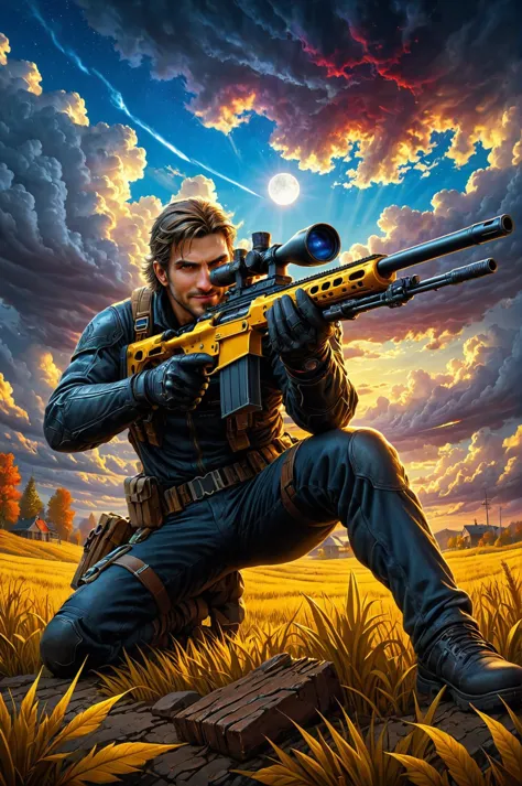 by Antonio J. Manzanedo and Asaf Hanuka in the style of Phil Koch, using a sniper rifle <lora:sniper_rifle:0.50> <lora:XDetail_h...