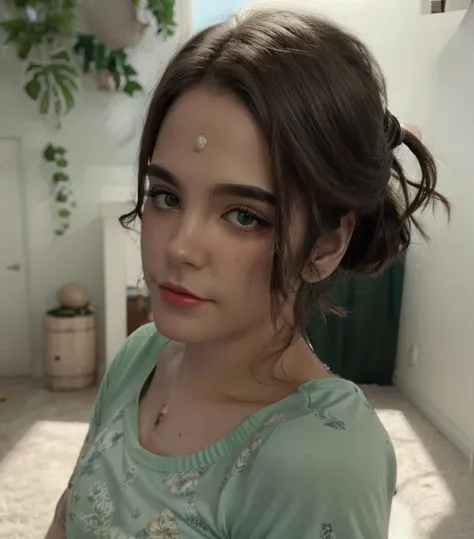 a close up of a woman with a green shirt and a flowered top