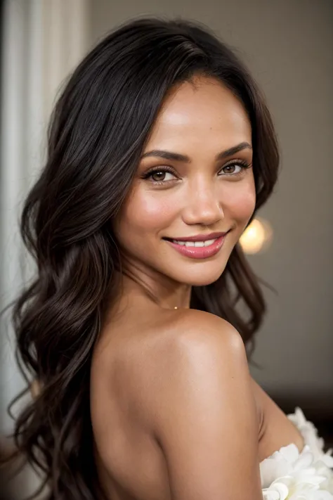 a woman with long hair and a white dress smiling