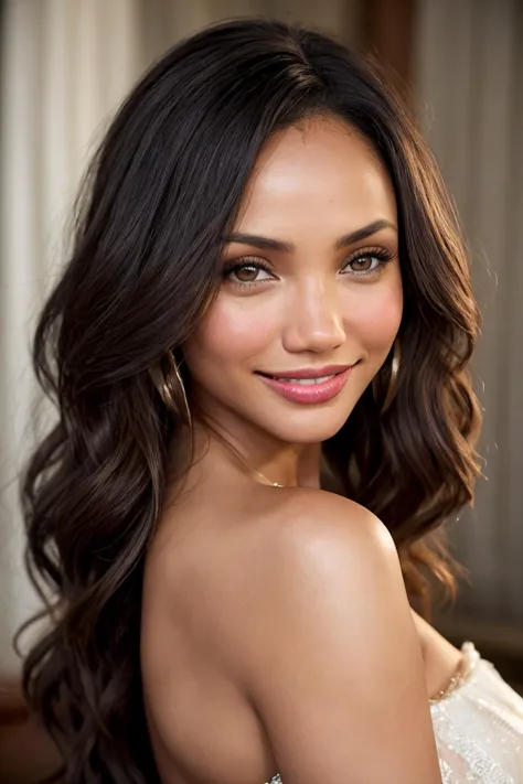 a woman with long hair and a white dress posing for a picture