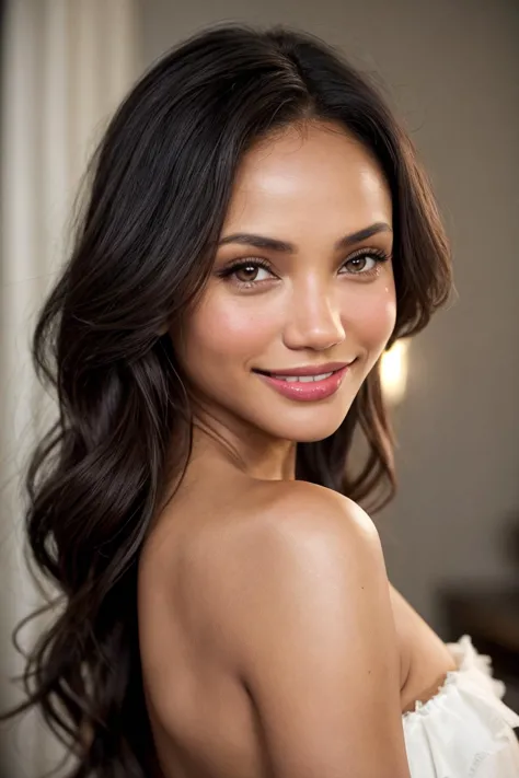 a woman with long hair and a white dress posing for a picture