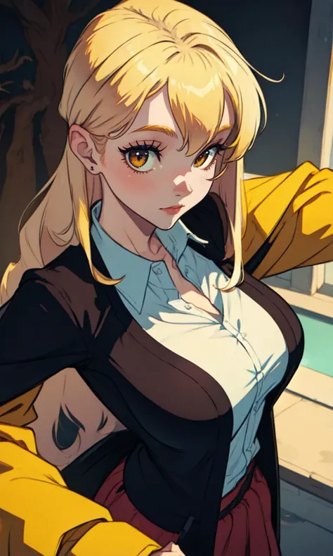 <lora:AnimeWesternLike(1):0.8> 
((Disney)), (best quality, masterpiece:1.3), (perfect details:1.1), 
1girl, solo, shirt, smile, breasts, large breasts, jacket, white shirt, blonde hair, looking at viewer, long sleeves, hair between eyes, yellow eyes, blush, from above