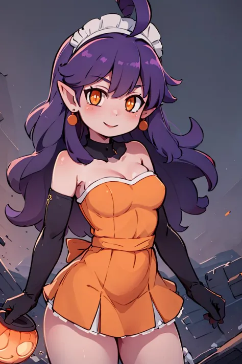 <lora:miyazero_style:0.6>,((masterpiece,best quality)), absurdres, <lora:Stardust_Pumpkins_Citron_OC_Anime:0.8>, Stardust_Pumpkins_Citron_OC,  1girl, solo, long purple hair,  orange eyes, ahoge, pointy ears, orange dress, elbow gloves, bare shoulders, maid headdress, jewelry, earrings,  solo, smiling, looking at viewer, cowboy shot,  cinematic composition,  , contrapposto,