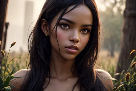 a close up of a woman with long hair in a field