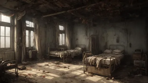 a close up of a room with two beds and a chair