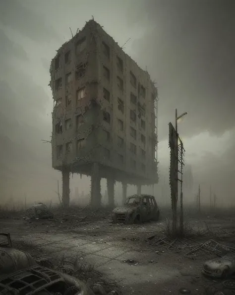 Post-apocalyptic wasteland where nature reclaims the ruins of a once-thriving civilization, gritty and realistic style reminiscent of Simon Stalenhag's concept art, mixed media, evocative and atmospheric, weathered and worn textures, post-apocalyptic realism, influenced by Simon Stalenhag's works.