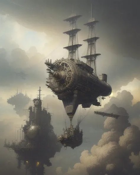 A steampunk airship soaring through the clouds, propelled by intricate machinery and billowing steam, rendered in a detailed and...