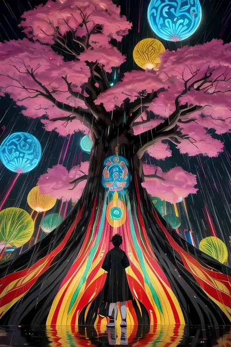 a woman standing in front of a tree with colorful lights