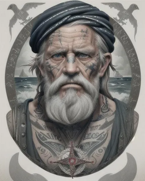 A captivating portrait of a wise and weathered old sailor, adorned with nautical tattoos and a rugged expression that tells tale...