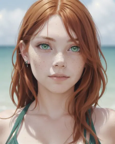 A detailed and realistic portrait of a confident young woman with piercing green eyes, freckles, and flowing auburn hair, by Dav...