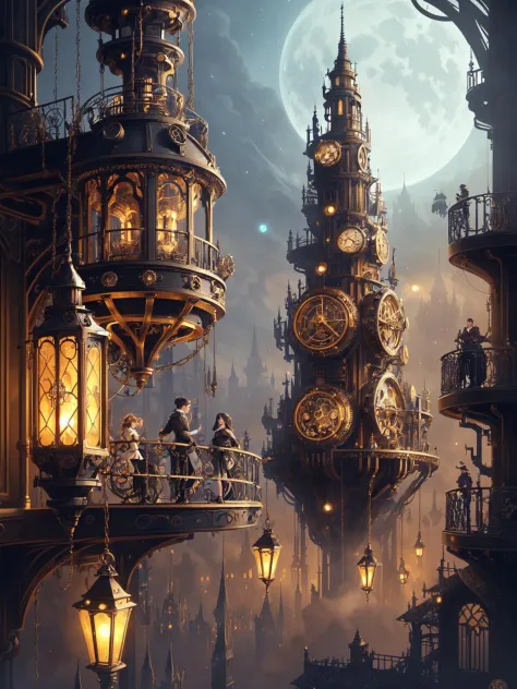 A captivating and imaginative illustration of a steampunk-inspired world, with intricate machinery, gears, and fantastical contr...