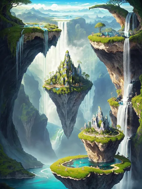 A breathtaking and surreal landscape inspired by dreams and imagination. The scene should depict floating islands, cascading wat...