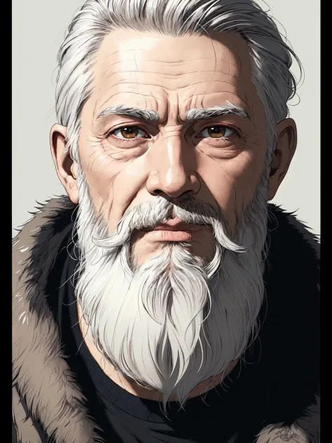 Create a captivating portrait of a scruffy old man with a distinguished beard, full of character and stories. The man should hav...