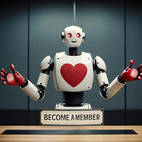 cinematic film still a joyful happy robot making heart shaped hands, a cloth banner with ((text logo "Become a member")), in the data center room, Perfect Hands, looking at viewer, (SFW) <lora:Harrlogos_v2.0:1> <lora:texta:1> <lora:AwyHandHeartXL:1>  <lora...