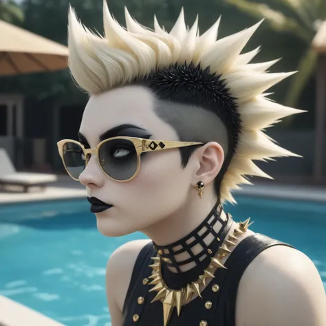 1980's photograph of a beautiful short spiked mohawk haired goth woman stands by the pool, pale with lots of black makeup, gold glasses, stylish,  model pose, insanely detailed, depth of field. source_photorealistic, in the style of 1980's fashion, skin detail, photoreal textures, atmospheric and aesthetic