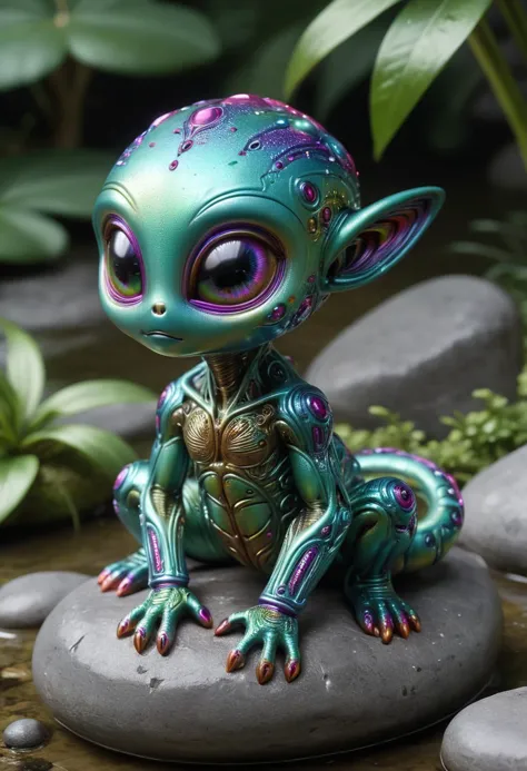 reality-shot, realism, realistic photography of a cute alien lifeform covered with goo, zen rock garden, intricate details, ultr...