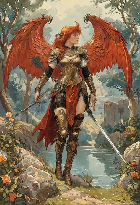 a painting of a woman with wings and a sword standing in a forest