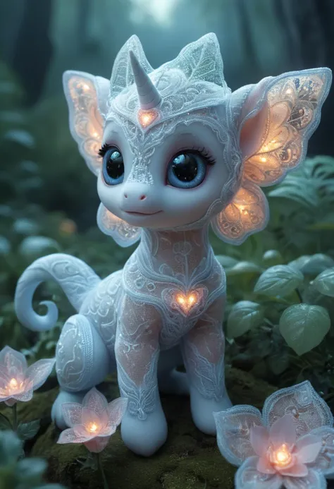 reality-shot, realism, realistic photography of a cute alien lifeform covered with glowing lace, hidden valley of unicorns, intricate details, ultra sharp, roccoco <lora:TQCrytalFlower:0.8>