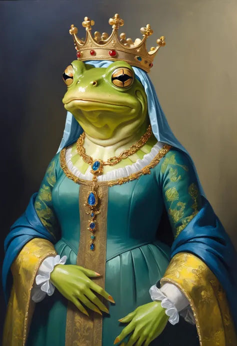 frog mona lisa, she is a frog, detailed oil painting, classical, masterpiece, fine detail, brush strokes, perfection, ugly, arms...