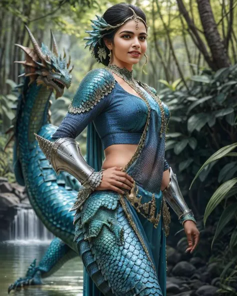 ((best quality)),((masterpiece)),(photorealistic:1.4),(1girl:1.1),light smile,blue saree,(dragon scaly cloths:1.4),(armor plate:...