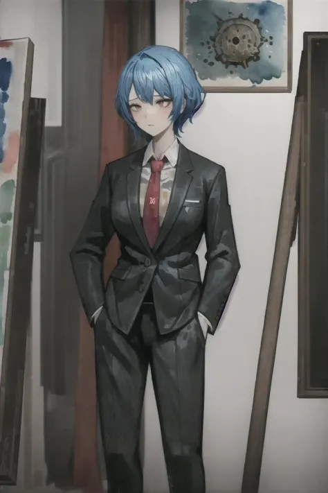 there is a man in a suit and tie standing in front of a painting